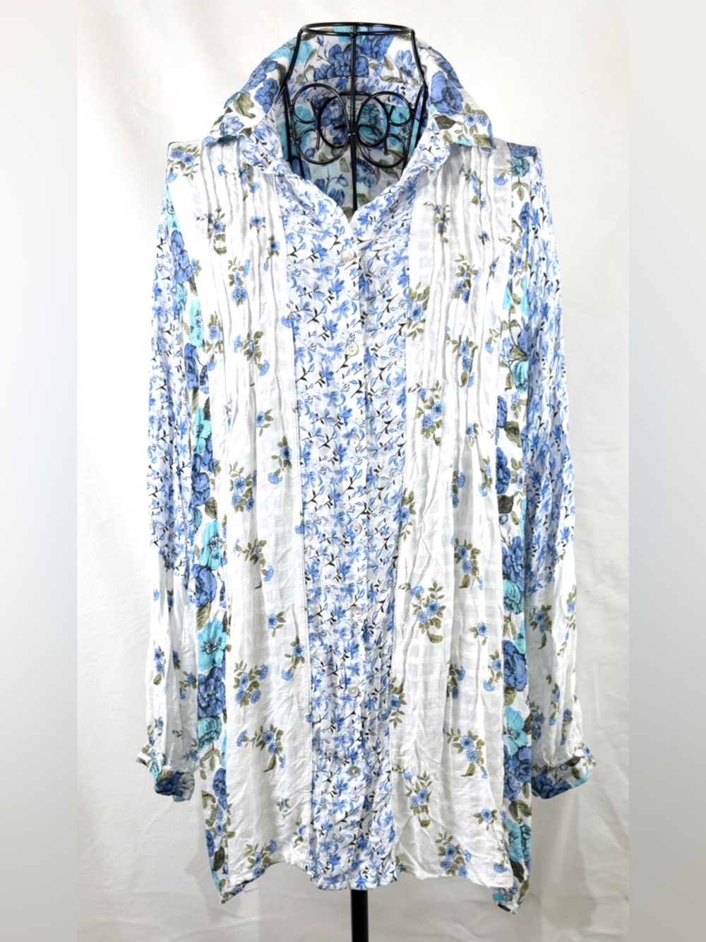 Jane + Delancey Blue Floral Patchwork Boho Blouse Size L Flowy Cottagecore Top